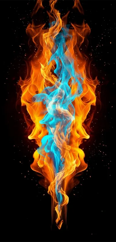 Dual-colored flames in vibrant blue and orange against a black backdrop.