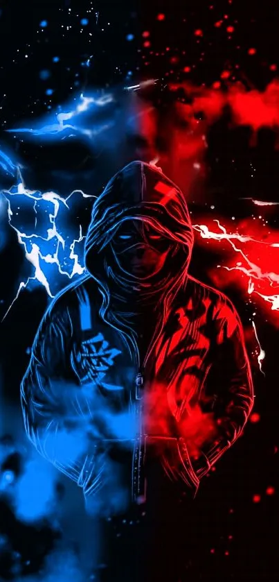 Hooded figure with red and blue lightning wallpaper.