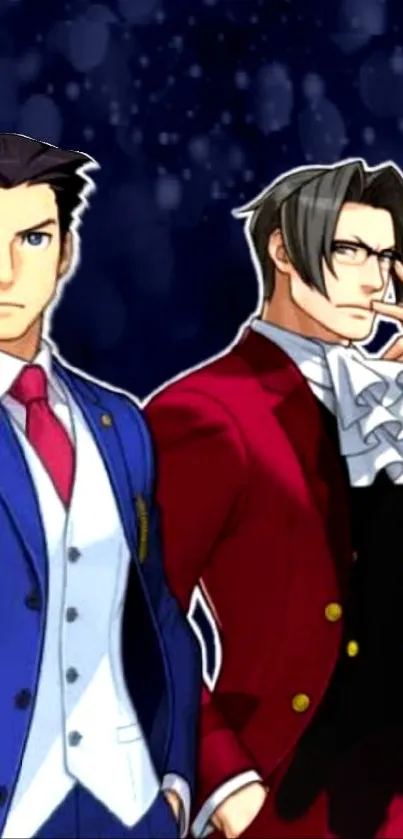 Anime duo in blue and red suits against a dark blue background.