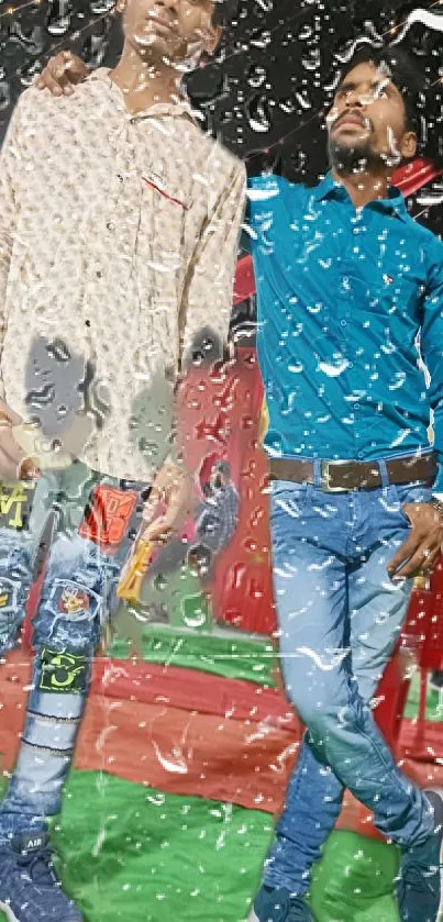 Two men in casual attire behind water droplets on a vibrant background.