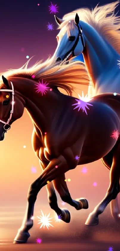 Two dynamic horses galloping at sunset with flowing manes and vibrant colors.