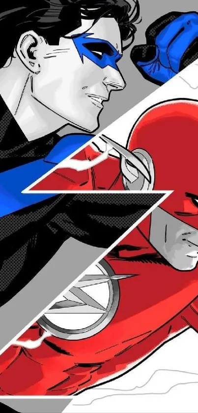 Action-packed illustration of superheroes in striking red and blue colors.