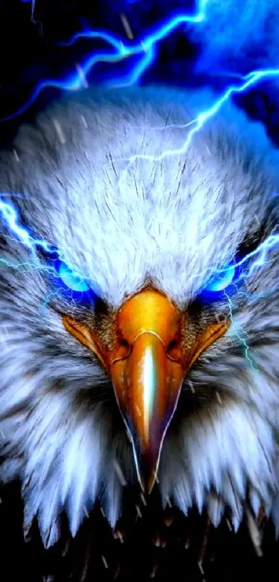 Fierce eagle with blue lightning striking through the dark background.