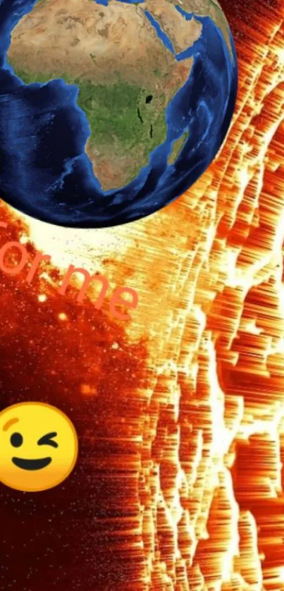 Mobile wallpaper with fiery Earth and winking emoji.