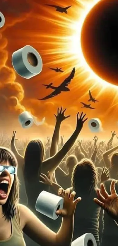 Dramatic solar eclipse with crowd and orange sky backdrop.