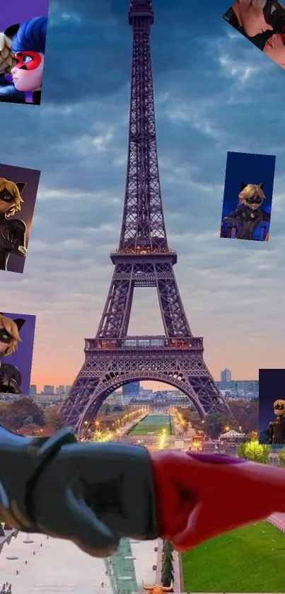 Eiffel Tower with animated characters and a vivid sky.