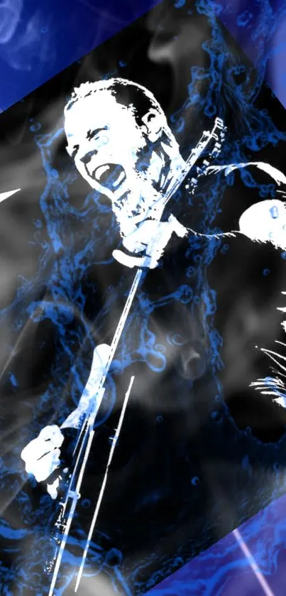 Electrifying guitar player with blue energy background.