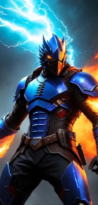 Electric warrior in blue armor with fiery details on a vibrant background.