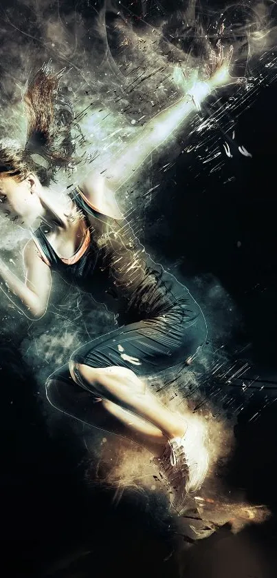 Dynamic wallpaper featuring an energetic woman in motion with abstract light effects.