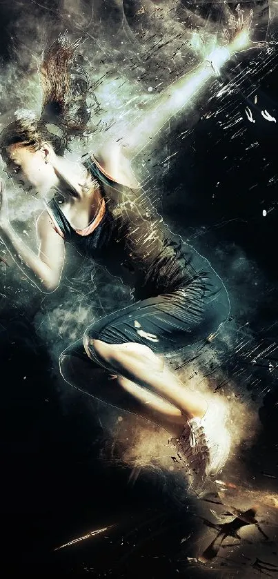 Dynamic athlete surrounded by smoky effects on a dark background.