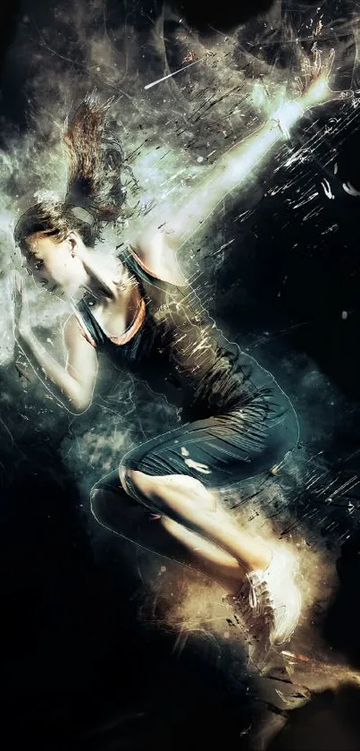 Dynamic woman in energy-filled pose on dark artistic background.