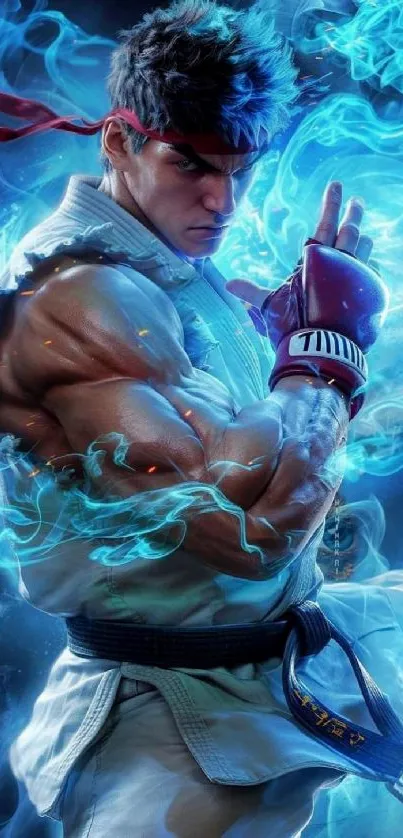 Fighter engulfed in glowing blue energy aura, striking an intense pose.