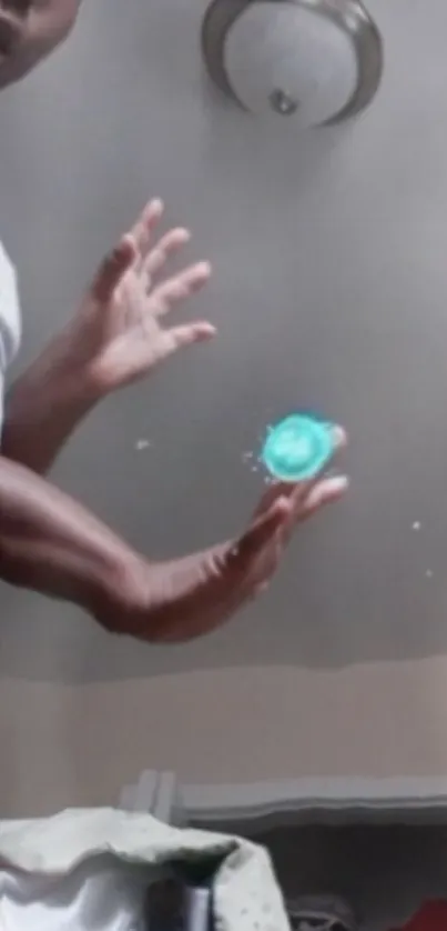 Person with futuristic glowing energy sphere in hands.