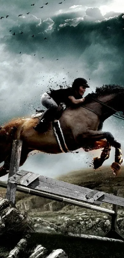 Horse and rider jumping against a stormy, dramatic sky.