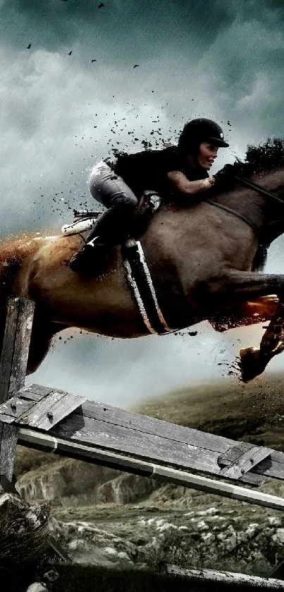 Horse jumps a fence with a cloudy sky backdrop.