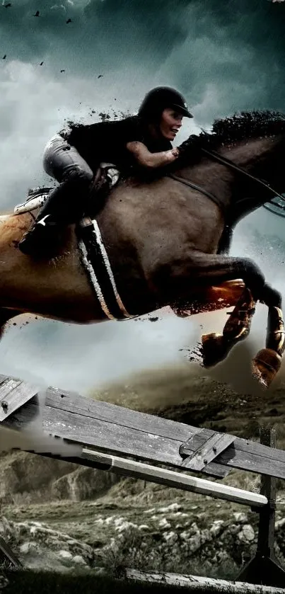 Horse and rider jumping over an obstacle in a dynamic scene.