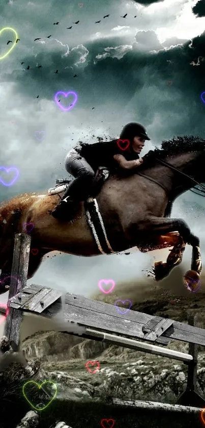 Rider jumping horse under dramatic sky with heart overlays.