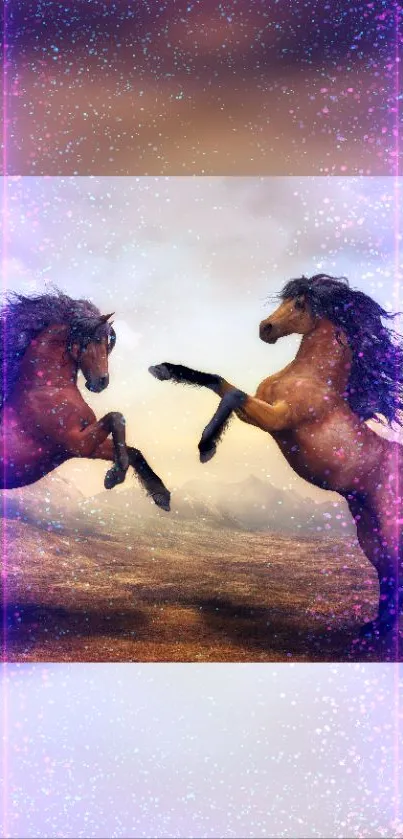 Two majestic horses in a dynamic, sparkling scene with a magical and natural vibe.