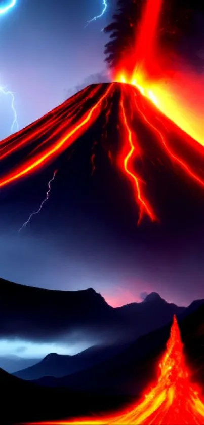 Vibrant wallpaper of volcanic eruption with lightning.