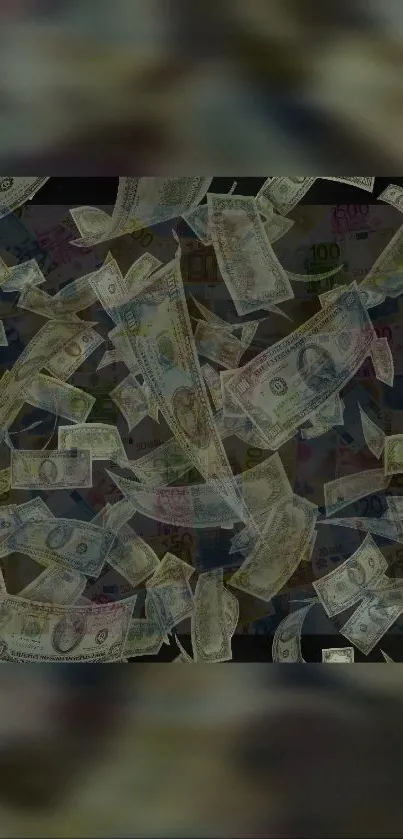 Wallpaper with falling currency and dark background.