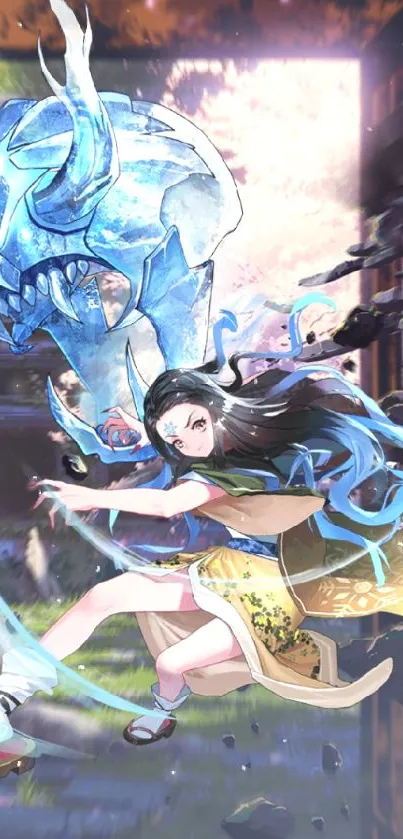 Anime wallpaper of a dynamic female warrior and mystical creature.