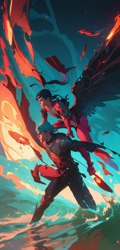 Heroic fantasy art with vibrant colors and winged figures.