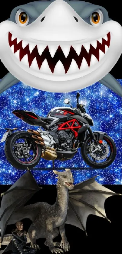 Mobile wallpaper with shark, dragon, motorcycle, and starry sky.