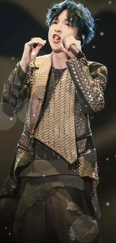 Dynamic performer in textured fashion coat on stage.