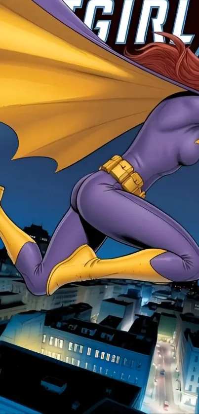 Female superhero in action above a cityscape, vibrant and dynamic.