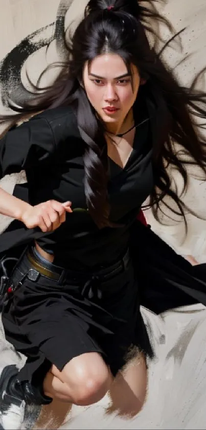 Dynamic female ninja in mid-action with flowing hair.