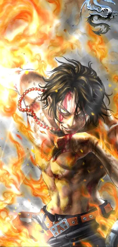 Anime character surrounded by striking flames.