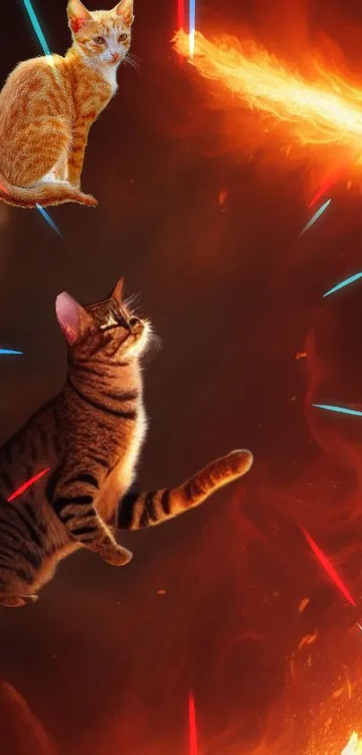 Epic cat battle with flames and neon streaks, creating a dynamic wallpaper scene.