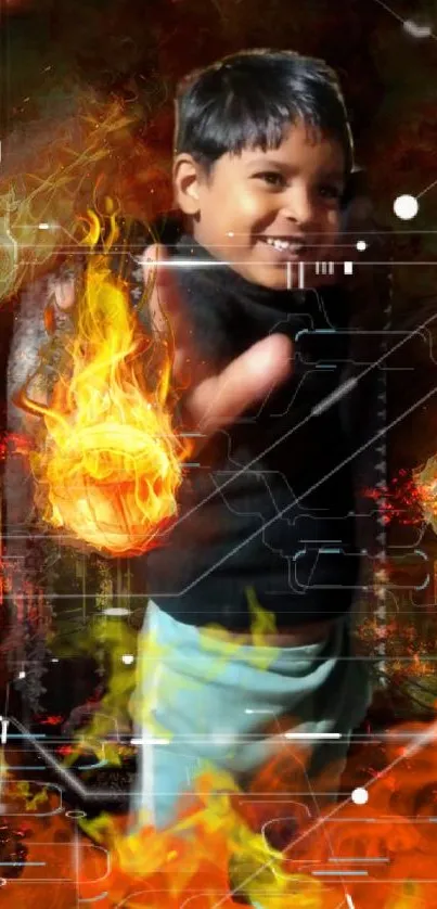 Child surrounded by fiery fireballs in an urban setting wallpaper.