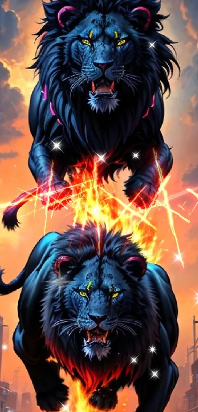 Two black lions with fiery trails in an urban setting.