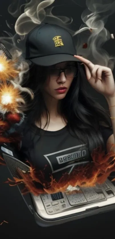 Fiery mobile wallpaper with tech and stylish woman.