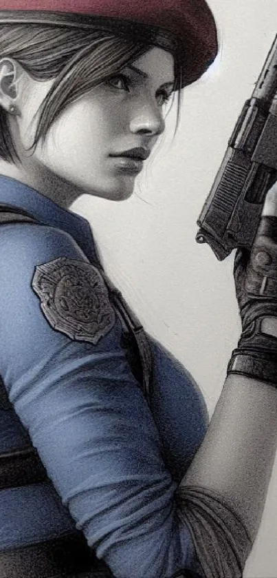 Dynamic illustration of female fighter in blue holding a weapon.