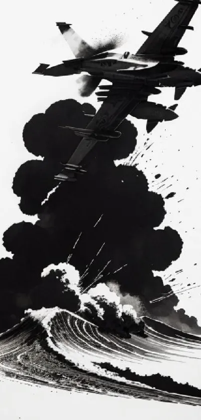 Black and white fighter jet flying over smoke waves.