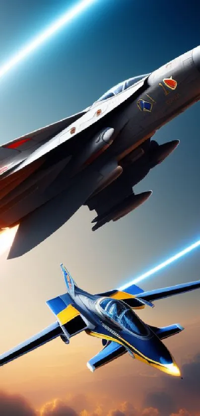 Vibrant wallpaper featuring two fighter jets flying in the sky.