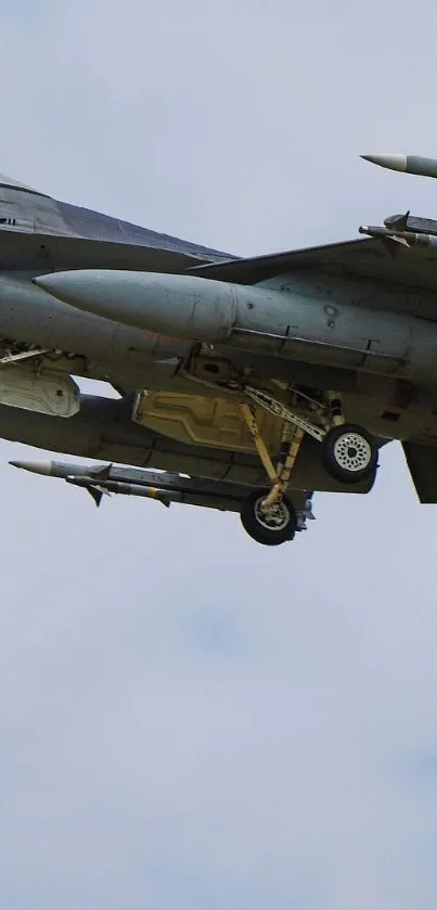 Fighter jet soaring through a blue sky, showcasing dynamic aviation power.