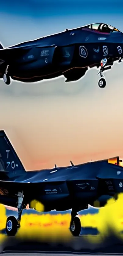 Vibrant wallpaper of fighter jets in flight against a sunset sky.