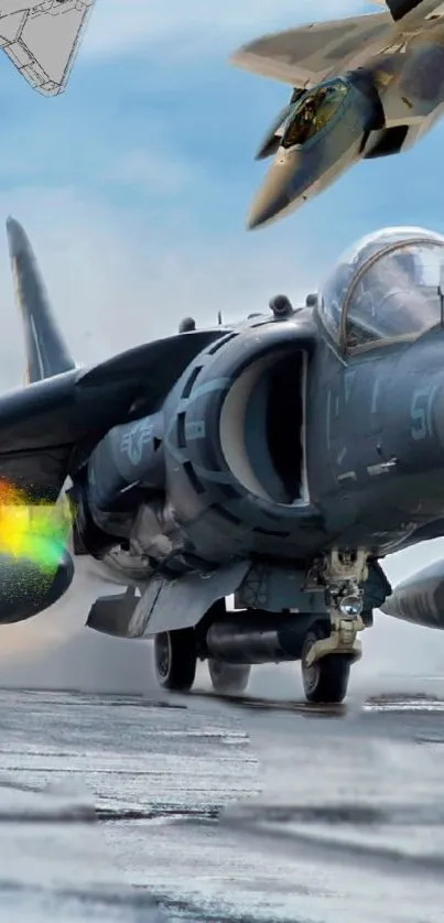 Dynamic fighter jet with colorful exhaust stream in the sky.