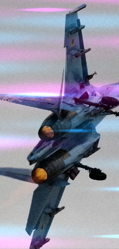 A fighter jet with glowing engines flying through a cloudy blue-gray sky.