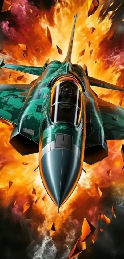 Explosive fighter jet soaring through dynamic flames.