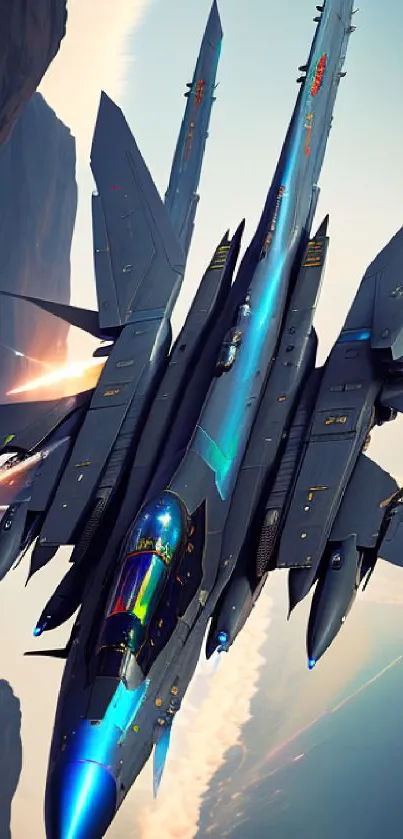 High-speed fighter jet soaring through a vivid blue sky with fiery thrusters.