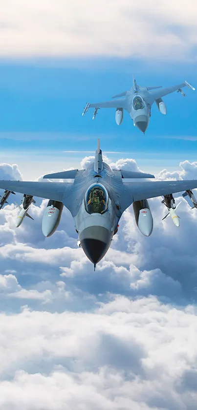 Fighter jets flying above clouds with a vibrant sky blue background.