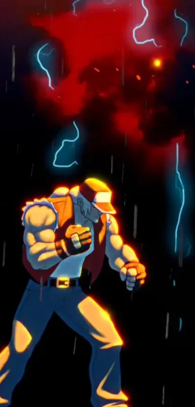 Animated fighter in lightning with dark red and blue hues.