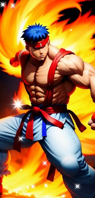 Fighter with fiery aura in dynamic pose, vibrant mobile wallpaper.