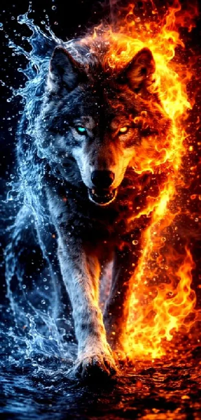 Wolf engulfed in contrasting fire and ice elements.