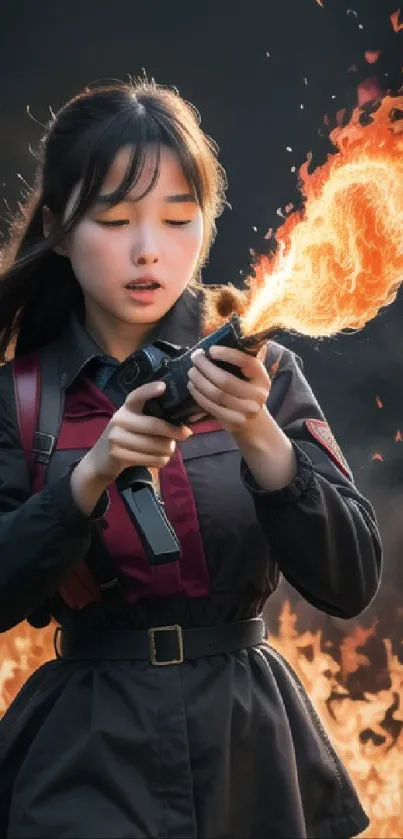 Woman with flamethrower in dynamic flames wallpaper.