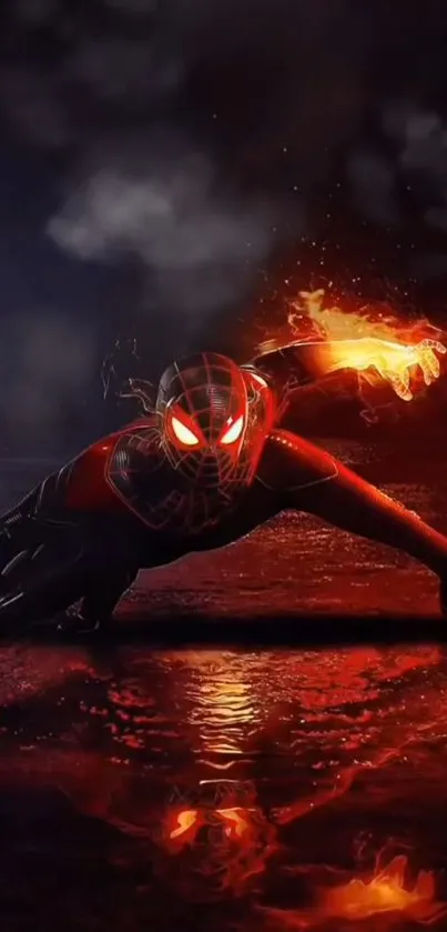 Superhero with fiery effects and glowing eyes, crouched with dramatic background.